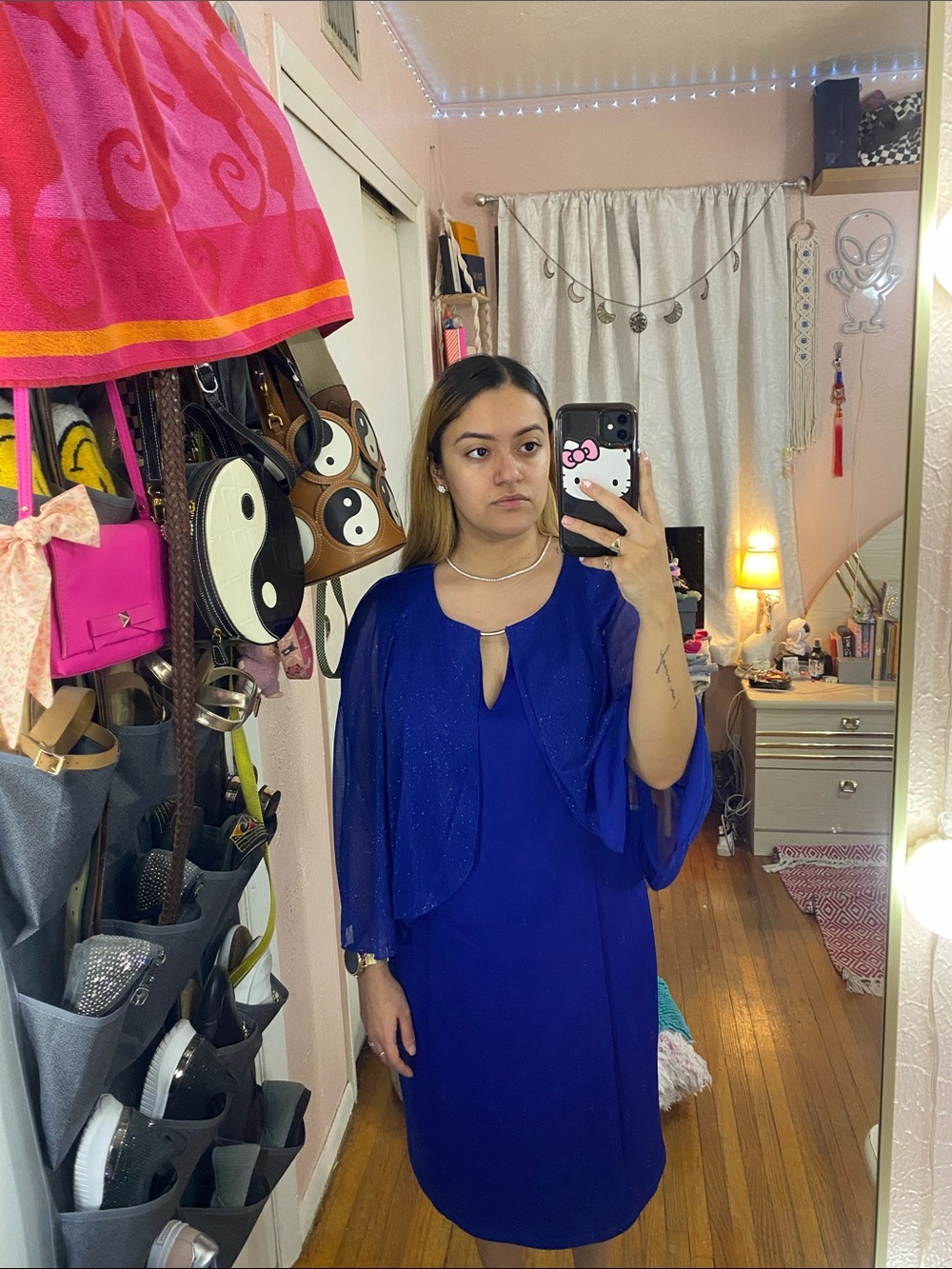 Blue Women's Keyhole Dress with Sheer Capelet